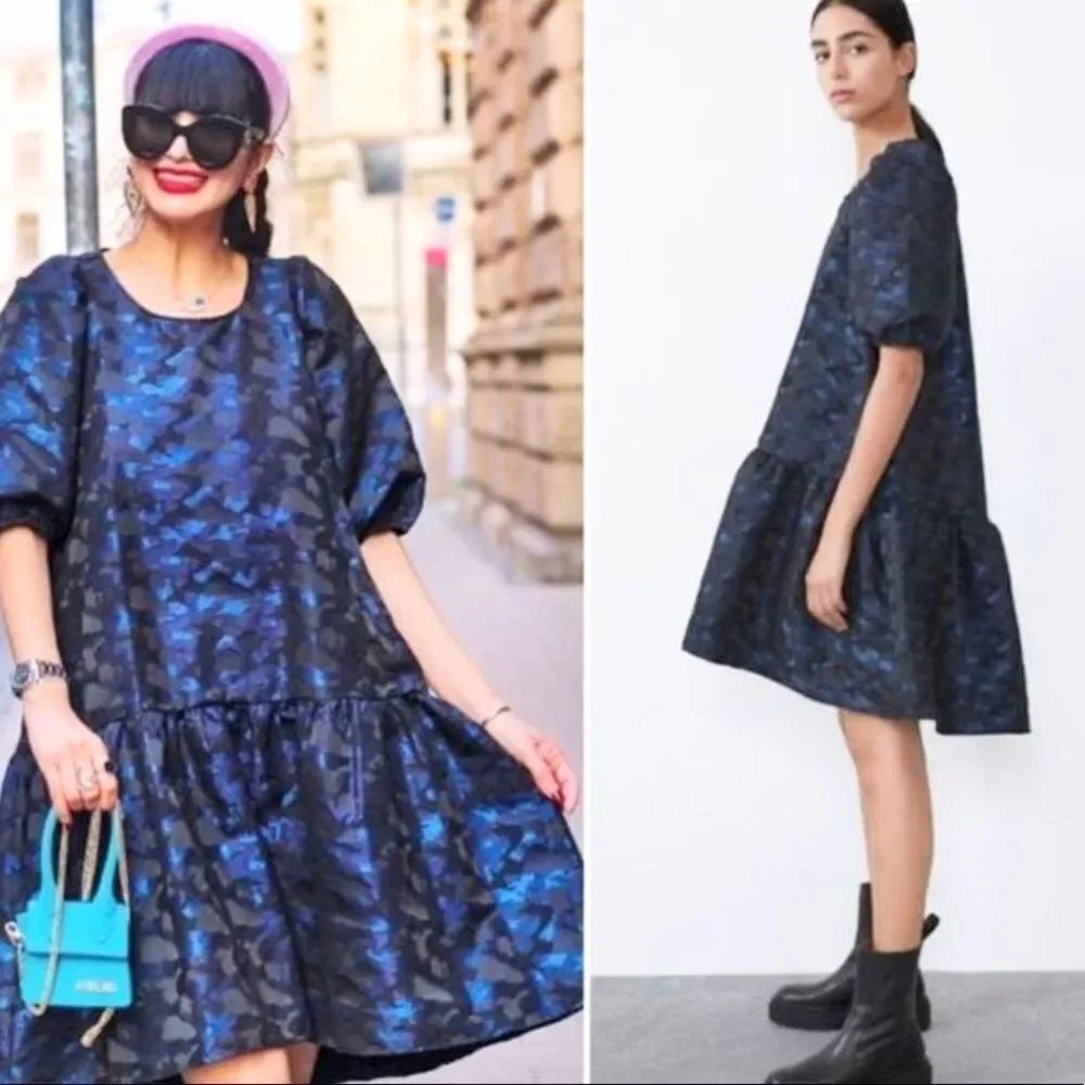 NEW ZARA voluminous jacquard mini dress black blue blogger favorite S